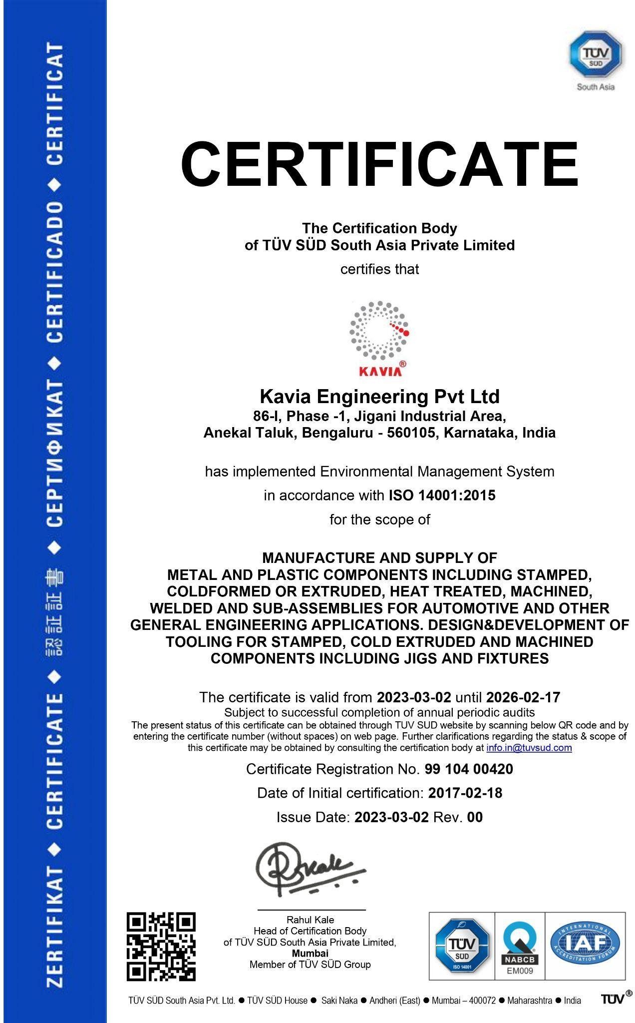ISO 14001 : 2015 certificate – Kavia Engineering