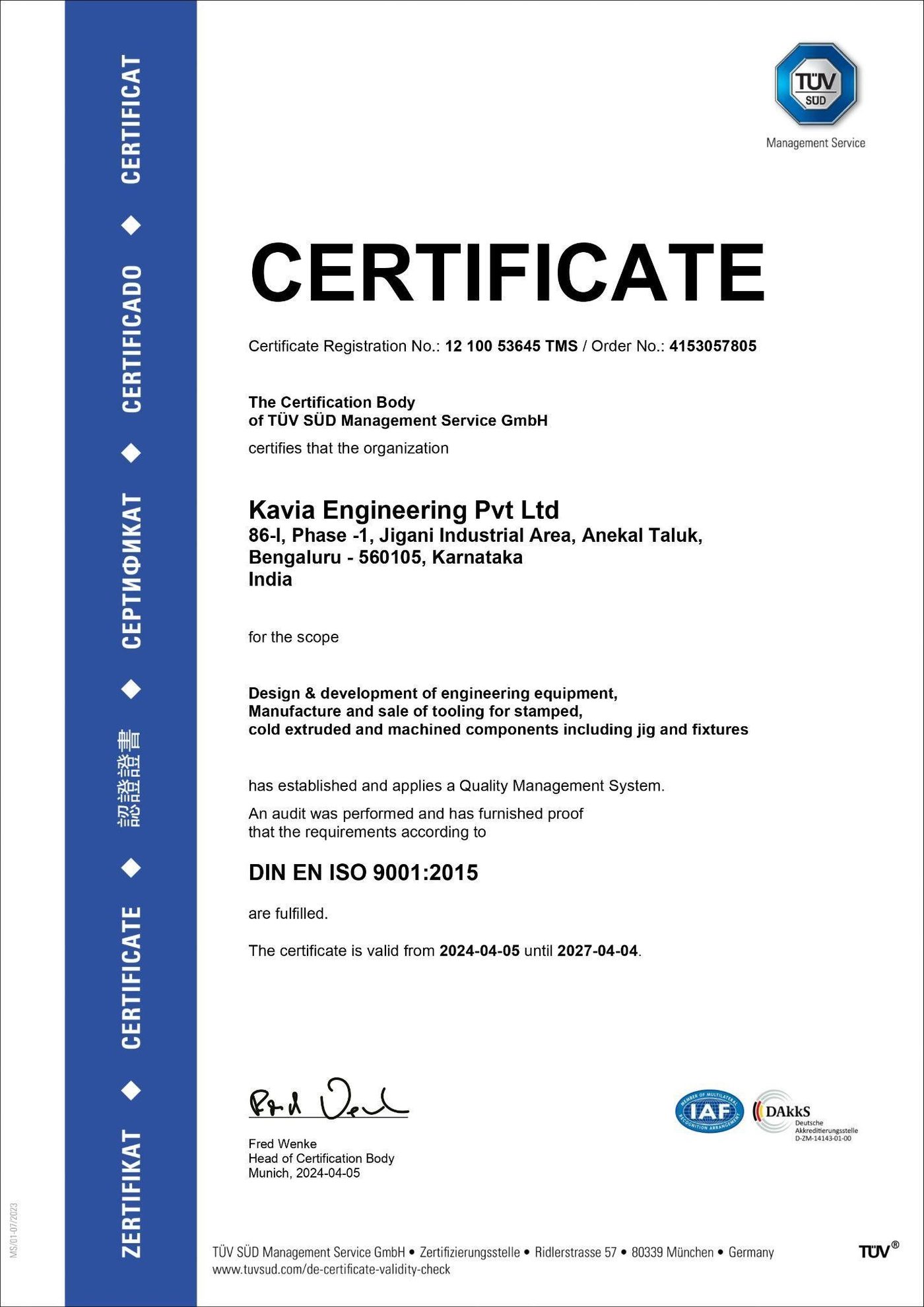 ISO 9001 : 2015 certificate – Kavia Engineering
